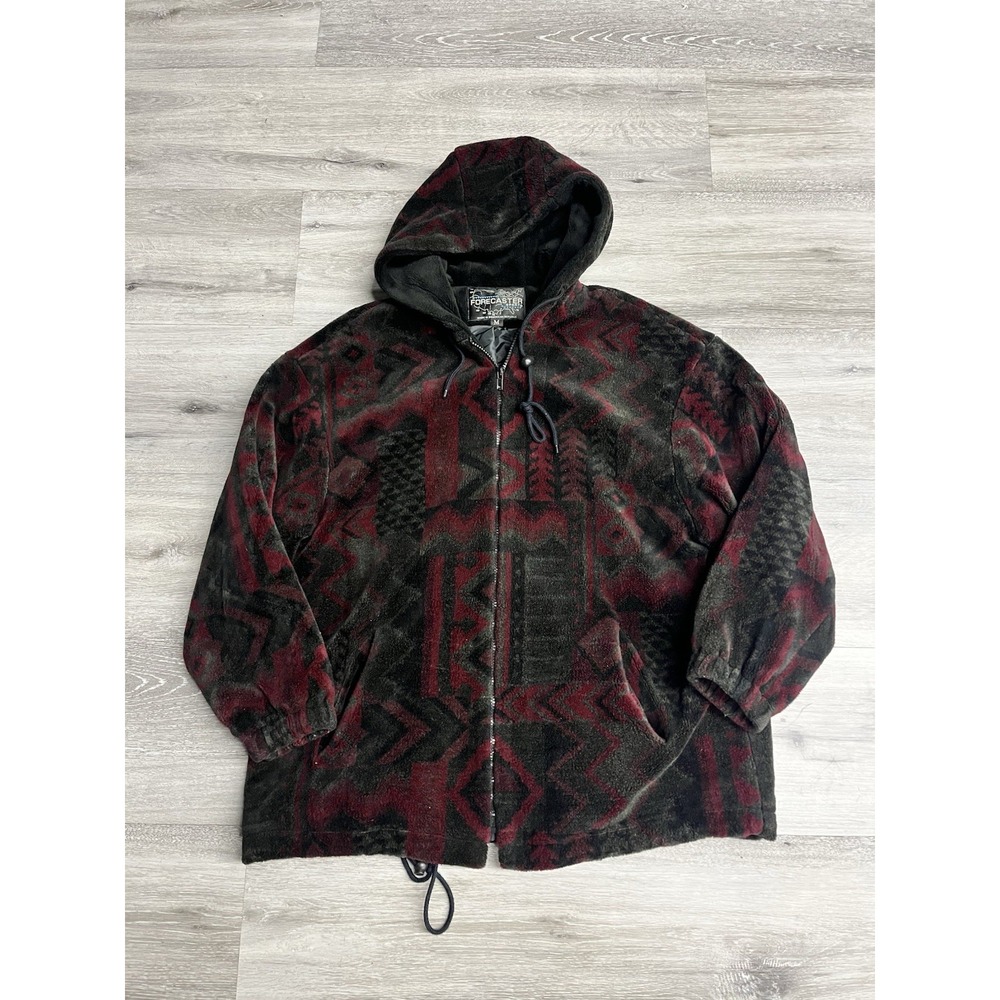 Vintage 90s Forecaster Red Aztec Sherpa Fleece Full Zip Hooded Jacket Size M